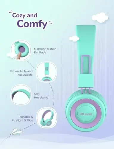 Детские Bluetooth-наушники iClever, BTH02 Детские наушники с микрофоном, 22 часа воспроизведения, Bluetooth 5.0 & стереозвук, складные, регулируемый оголовье, детские наушники для iPad, планшета, школы (синий) - 5