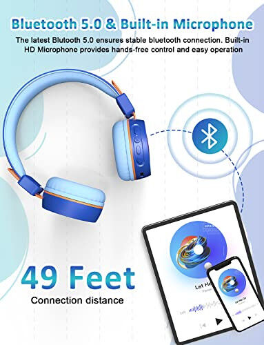 Детские Bluetooth-наушники New bee с микрофоном, Bluetooth 5.0, беспроводные, с 32-часовым временем автономной работы/объемом 94 дБ, накладные наушники для школы/девочек/мальчиков/iPad/планшета Fire (синий) 