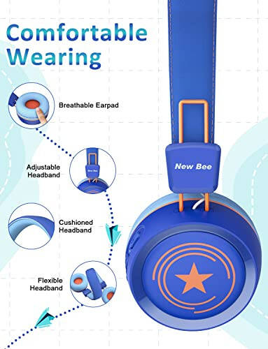 Детские Bluetooth-наушники New bee с микрофоном, Bluetooth 5.0, беспроводные, с 32-часовым временем автономной работы/объемом 94 дБ, накладные наушники для школы/девочек/мальчиков/iPad/планшета Fire (синий) - 3