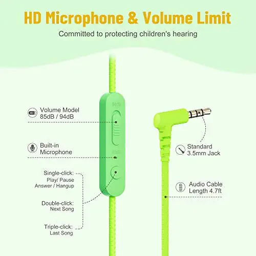 Детские наушники Rockpapa Share 1 с проводом, микрофоном и портом для совместного использования, ограничение громкости 85dB/94dB, милые складные детские наушники для мальчиков и девочек, для школы/класса/путешествий, зеленый/желтый - 4