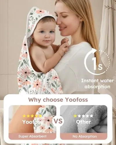 Детские полотенца с капюшоном Yoofoss для новорожденных, 2 шт., 100% муслиновый органический хлопок, банное полотенце с капюшоном для младенцев, малышей и детей, большие 32x32 дюйма, мягкие и впитывающие, необходимая вещь для новорожденных - 3