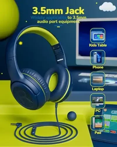 Детские проводные наушники с микрофоном - Накладные наушники, ограничение громкости 85/94 дБ, разъем 3,5 мм, складная конструкция, безопасные и удобные для мальчиков и девочек, для обучения и развлечений, черные - 6