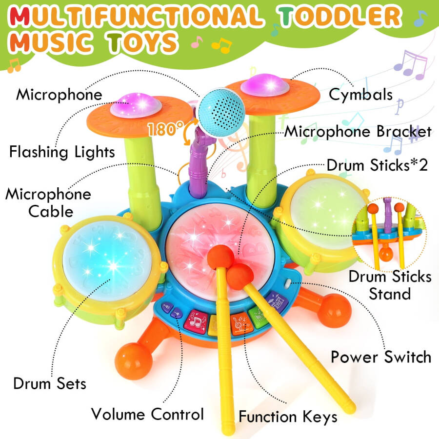 Детский барабанный набор, игрушки для малышей для мальчиков и девочек, детские музыкальные игрушки, барабанный набор для детей, с 2 барабанными палочками и микрофоном, детские барабанные игрушки для детей 1 2 3 лет (зеленый) - 9