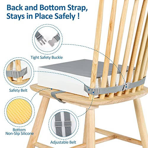 Детский бустер для стула за обеденным столом, Нескользящее основание, Регулируемые ремни, Портативный бустер для путешествий (Серый+Белый) - 3