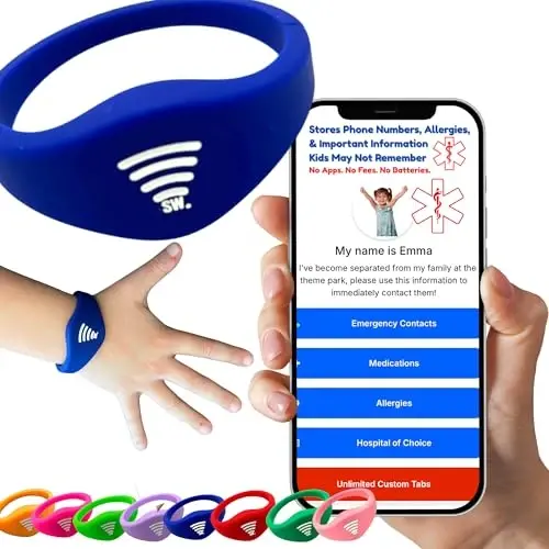 Детский ID браслет – облегающий NFC браслет безопасности, детский идентификационный браслет, вставляющийся, для экстренной контактной информации, водонепроницаемый силикон, не GPS, носить на запястье или лодыжке, идеально подходит для тематических парков, путешествий и пляжей - 1