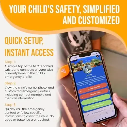 Детский ID браслет – Удобный NFC браслет безопасности, детский браслет ID, для экстренной информации, водонепроницаемый силикон, не GPS, носить на запястье или лодыжке, идеально подходит для тематических парков, путешествий и пляжей - 3