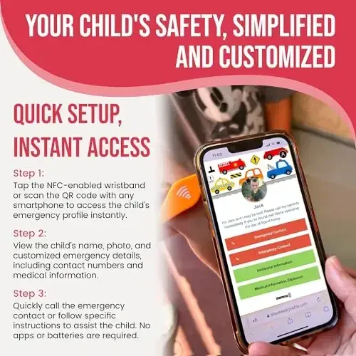 Детский идентификационный браслет – NFC браслет для экстренной связи, регулируемый 14–19 см, водонепроницаемый силиконовый браслет безопасности, не GPS, браслет безопасности для детей в путешествиях и школе - 3