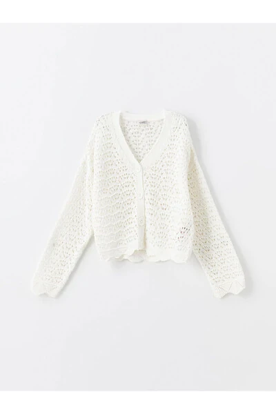 Детский кардиган LCW Kids с V-образным вырезом, узором из кос, длинным рукавом, цвета слоновой кости - 4
