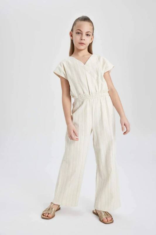 Детский комбинезон для девочек с V-образным вырезом, коротким рукавом, из хлопка, длинный C0706A824SM - DEFACTO