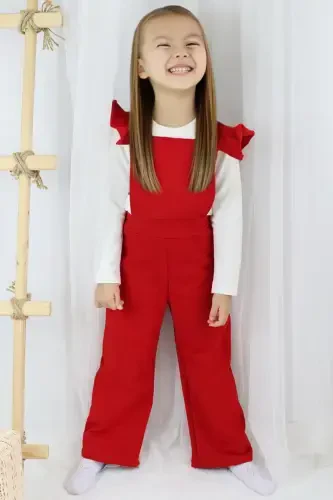 Детский комбинезон-сарафан с рюшами и пряжкой из красного хлопка Berlin для девочек - 3