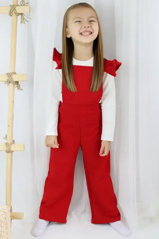 Детский комбинезон-сарафан с рюшами и пряжкой из красного хлопка Berlin для девочек - 3