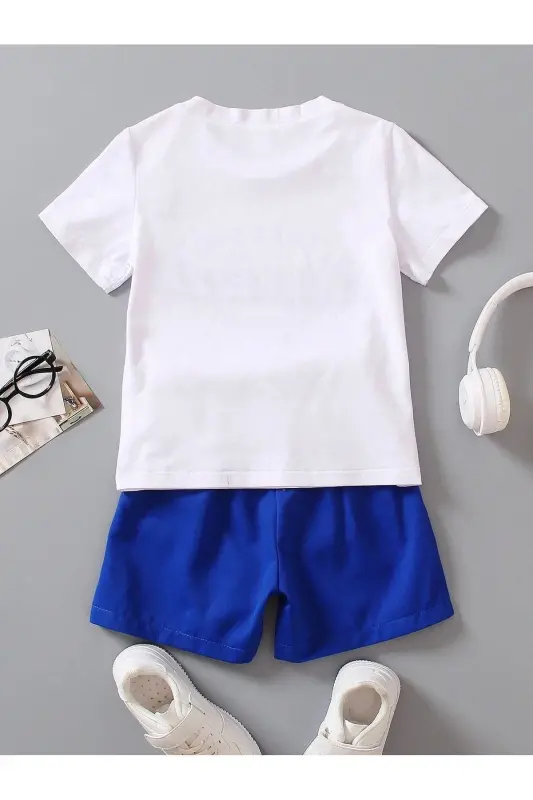 Детский комплект из винтажного хлопка - Белая футболка Саксофонные спортивные штаны с принтом для девочек и мальчиков летний велосипедный воротник - 3