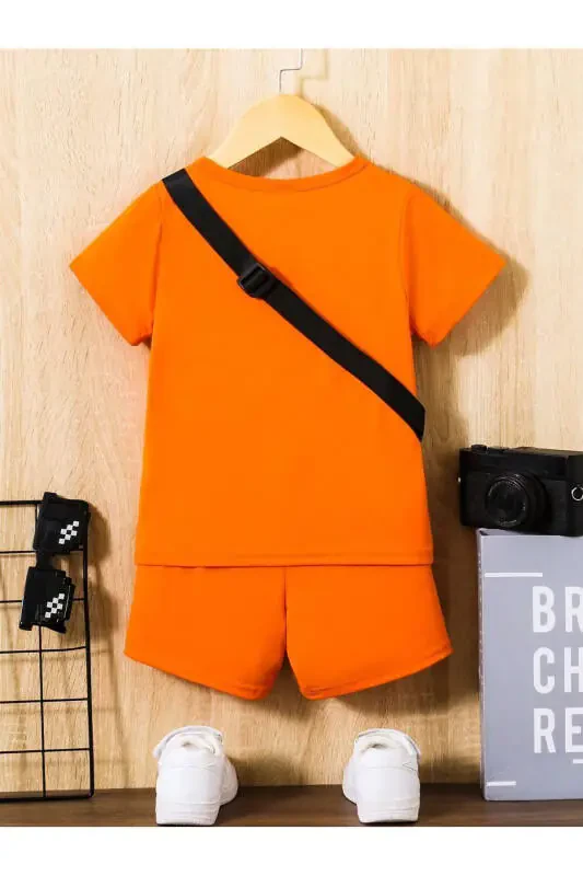 Детский комплект с принтом улыбающегося лица оранжевая футболка шорты для девочек и мальчиков с воротником-поло без сумки в комплекте - 3