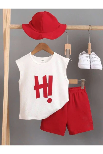 Детский набор футболка-шорты с принтом H! белого и красного цвета без рукавов - LOUİSA