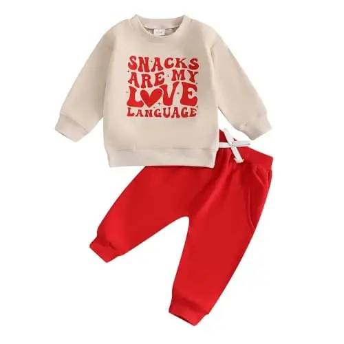 Детский спортивный костюм с вышивкой буквы для малышей: свитшот с длинными рукавами и эластичные длинные брюки, милый наряд на День святого Валентина для мальчиков и девочек - 1