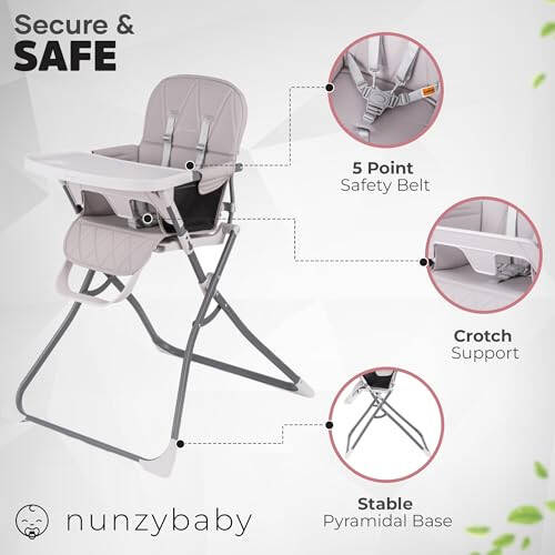 Детский стульчик Nunzybaby Slim Foldable для младенцев и малышей | Пятиточечный ремень безопасности | Складной высокий стул | Легко чистящийся стул | Высокие стулья для младенцев и малышей - 45