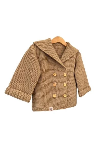 Детский свитер для девочек и мальчиков коричневый 100% хлопок ручной вязки с воротником-шалью - BEE BY SISTERS (1)