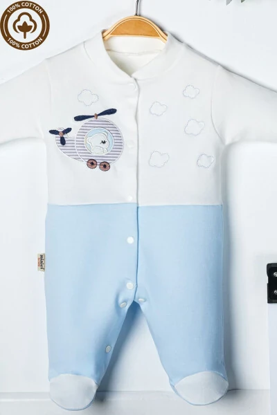 Детский трикотажный комбинезон с вышивкой медвежонка для младенцев 3-6-9 месяцев. Из органического хлопка, с пинетками. - 3