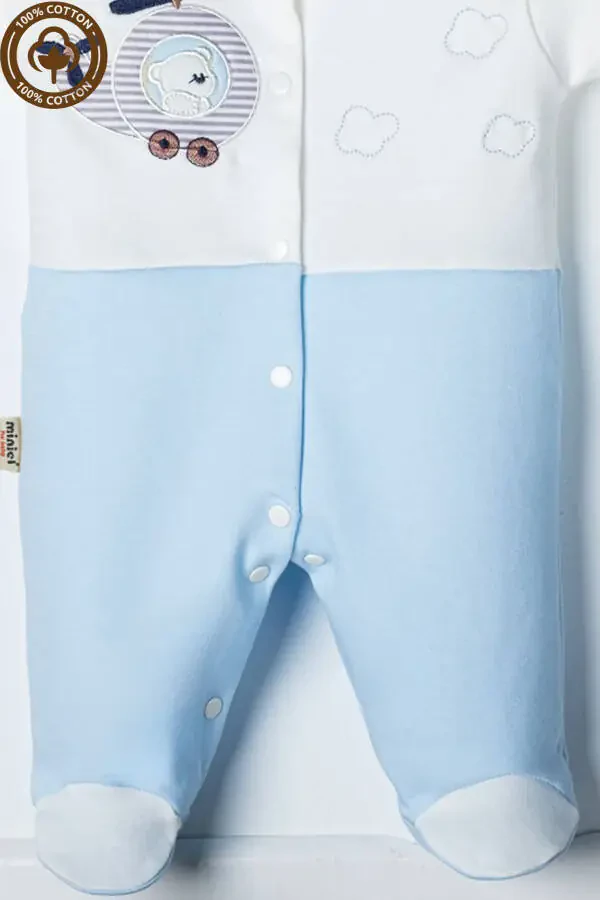 Детский трикотажный комбинезон с вышивкой медвежонка для младенцев 3-6-9 месяцев. Из органического хлопка, с пинетками. - 5