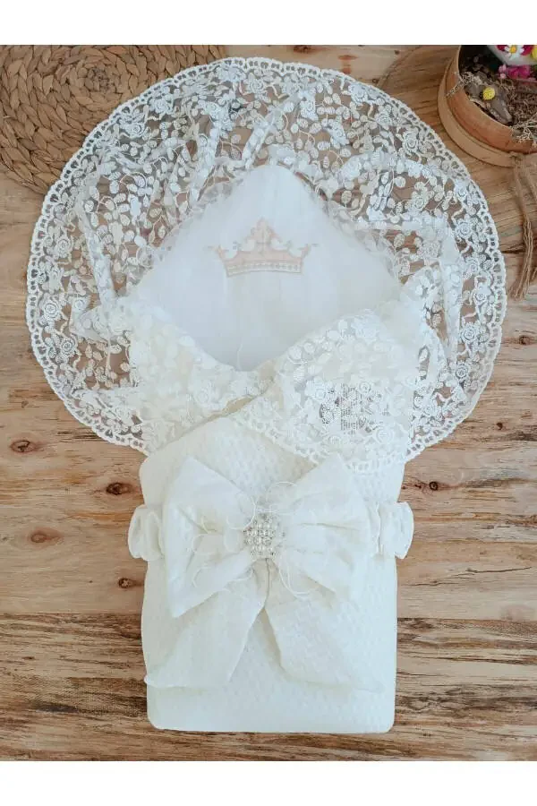 Детское одеяло Экрю кружевной для девочек и мальчиков, подарок на рождение, выписка из роддома, новорожденный - 3