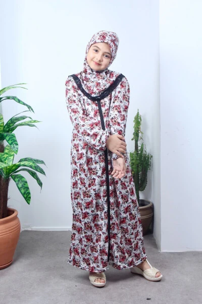 Детское сезонное платье для намаза с цветочным рисунком, юная фераджа, наряд для намаза, который не вызывает потоотделения - KUTAY COLLECTION (1)