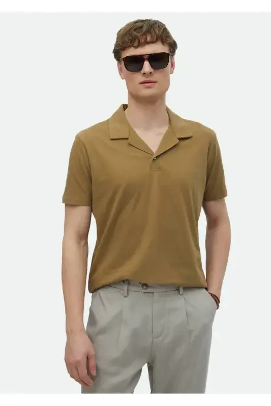 Deve Tüyü Düz Polo Yaka %100 Pamuk T-Shirt - 1