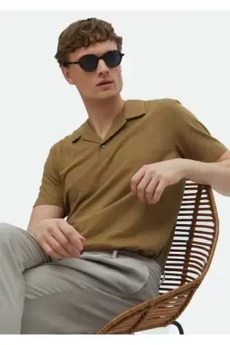 Deve Tüyü Düz Polo Yaka %100 Pamuk T-Shirt - 3