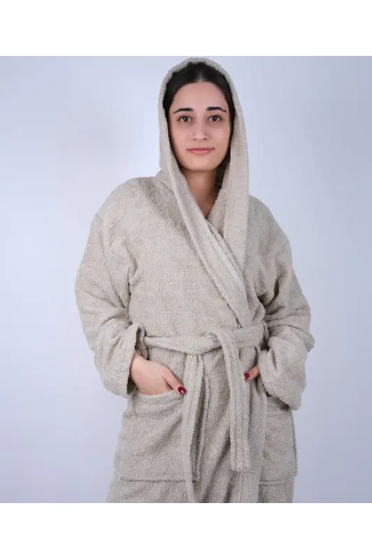 DeveTüyü Renkli %100 Pamuk Bukle Kapüşonlu Model Bornoz (S-M-L-XL-2XL-3XL-4XL) Büyük ve Battal Beden - Deve Tüyü - 1