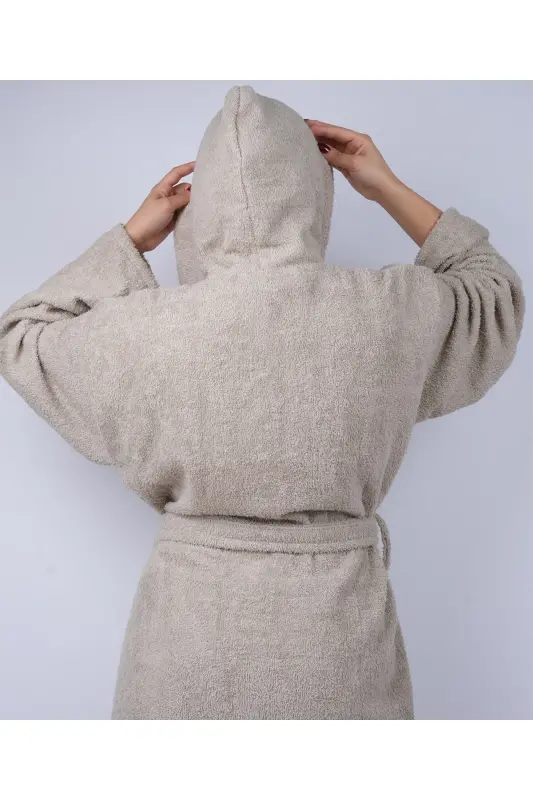 DeveTüyü Renkli %100 Pamuk Bukle Kapüşonlu Model Bornoz (S-M-L-XL-2XL-3XL-4XL) Büyük ve Battal Beden - Deve Tüyü - 2