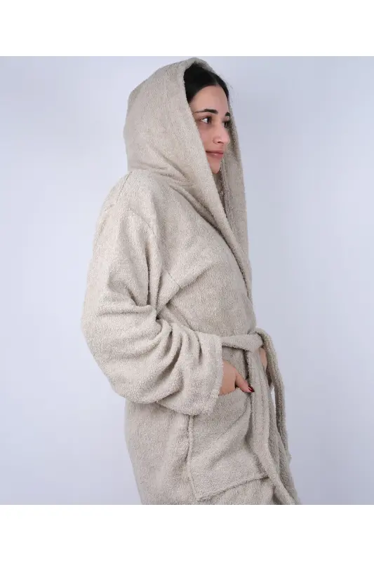 DeveTüyü Renkli %100 Pamuk Bukle Kapüşonlu Model Bornoz (S-M-L-XL-2XL-3XL-4XL) Büyük ve Battal Beden - Deve Tüyü - 3