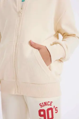 Девочка Basic Прямая Толстовка с капюшоном на молнии с карманами Школьная кофта C8110A824AU-Экрю - 3