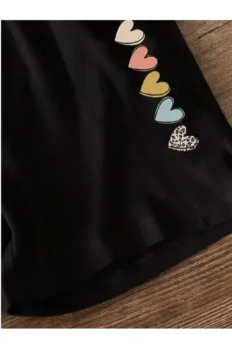 Девочка Черный 5 Цветные Сердца Принт Шорты-Футболка Комплект-Черный77 - 3