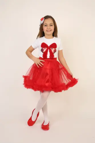 Девочка Красный Бант Деталь Футболка Красная Юбка Костюм 23 Апреля 29 Октября Праздничный Наряд - Красный Красный5 - 7