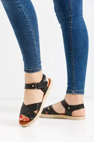 Девочка, летние сандалии на липучке, ортопедическая стелька, модель - черно-черные ремешки. - Modazone (1)