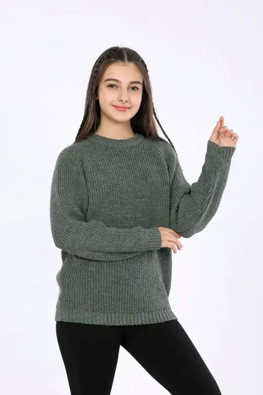 Девочка Регулярная посадка Базовый Трикотажный Свитер 4-13 Лет-ЗЕЛЕНЫЙ - 3
