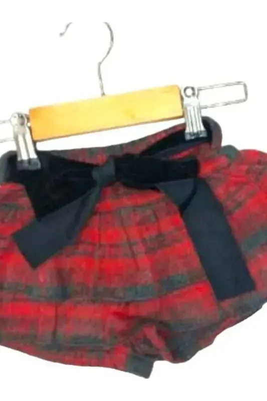 Девочки Детские тканые клетчатые шорты-юбка с поясом - КРАСНЫЙ - 3