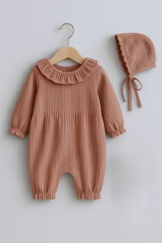 Девочки Новорожденный Комбинезон Органический Муслин С Рюшами Детский Воротник Детский Набор На Выписку из Больницы Подарочный - Пыльная Роза - 1