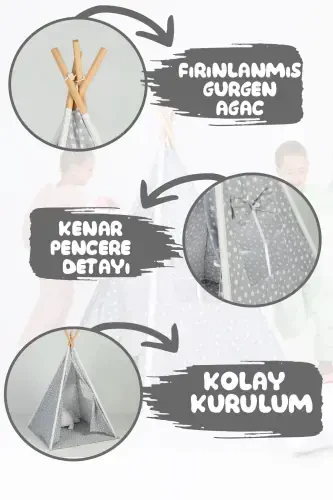 Devrilmaydigan Minderli O'yin Maydoni Qizil terili Yog'och Ustunli Keng O'yin Chodiri-GRİ - 3