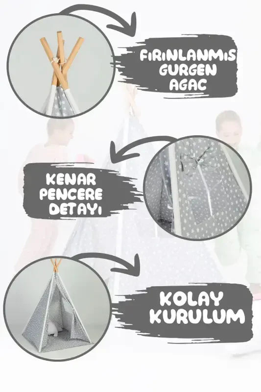 Devrilmaydigan Minderli O'yin Maydoni Qizil terili Yog'och Ustunli Keng O'yin Chodiri-GRİ - 3