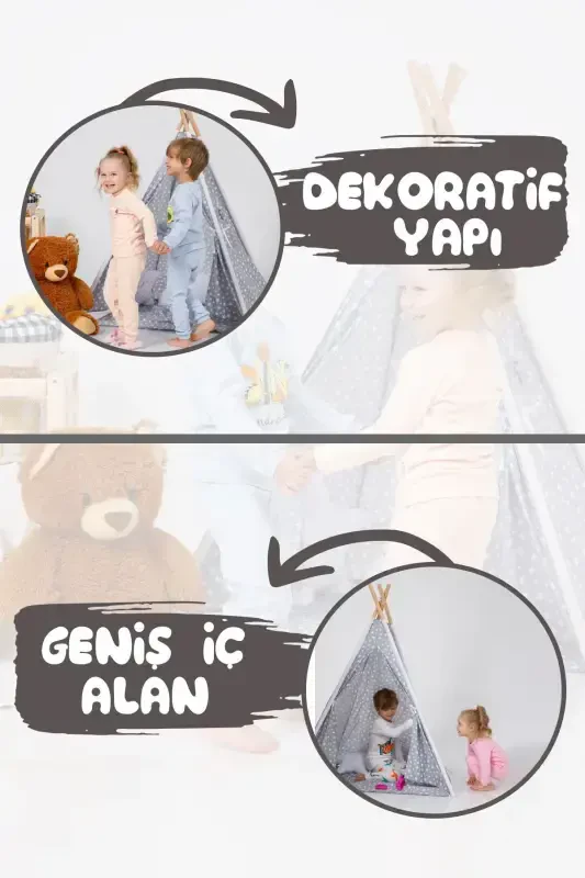 Devrilmaydigan Minderli O'yin Maydoni Qizil terili Yog'och Ustunli Keng O'yin Chodiri-GRİ - 4