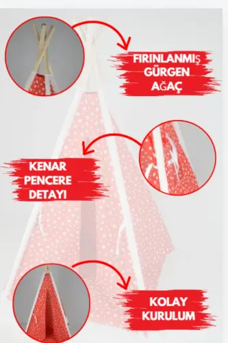 Devrilmeyen Minderli Oyun Alanı Kızılderili Ahşap Direkli Geniş Oyun Çadırı-KIRMIZI - IRK LEMOON (1)