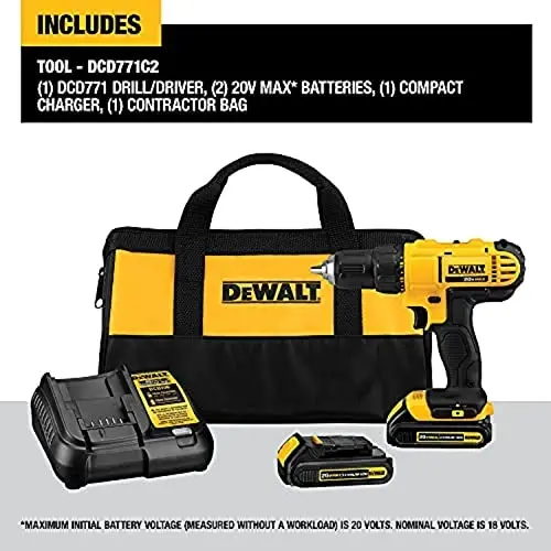DEWALT 20V Max Cordless Drill / Driver Kit, Compact, 1/2-Inch with Titanium Drill Bit Set, Pilot Point, 21-Piece (DCD771C2 & DW1361) - DEWALT (1)