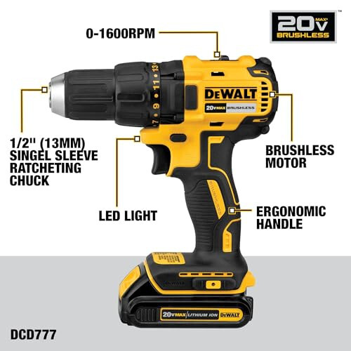 DEWALT 20V MAX Akumlyatorli Burg'ilagich-Burgulovchi, 1/2 Dyuym, 2 Tezlik, XR 2.0 Ah Batareya va Zaryadlovchi Qurilmasi Kiritilgan (DCD777D1) - 7