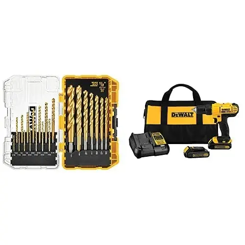 DEWALT 20V Max simsiz burgʻulash / haydovchi toʻplami, ixcham, 1/2 dyuymli titan burgʻulash uchi toʻplami bilan, uchuvchi nuqta, 21 dona (DCD771C2 & DW1361) - DEWALT