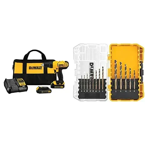 DEWALT 20V MAX* Simsiz burg'ulash/haydovchi to'plami, ixcham, 1/2 dyuym (DCD771C2) & Qora oksidli burg'u uchi to'plami Pilot Point bilan, 13 dona (DW1163) 