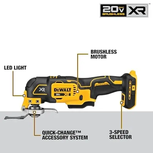 DEWALT 20V MAX XR Oscillating Multi-Tool Cordless, Variable Speed Brushless Motor Multitool with LED Light, Extended Runtime, Includes Two Wood Cutting Blades, Tool Only (DCS356B) - 6