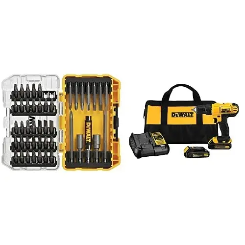 DEWALT DW2166 45 Piece Screwdriving Set with Tough Case and Dewalt DCD771C2 20V MAX Cordless Lithium-Ion 1/2 inch Compact Drill Driver Kit - DEWALT