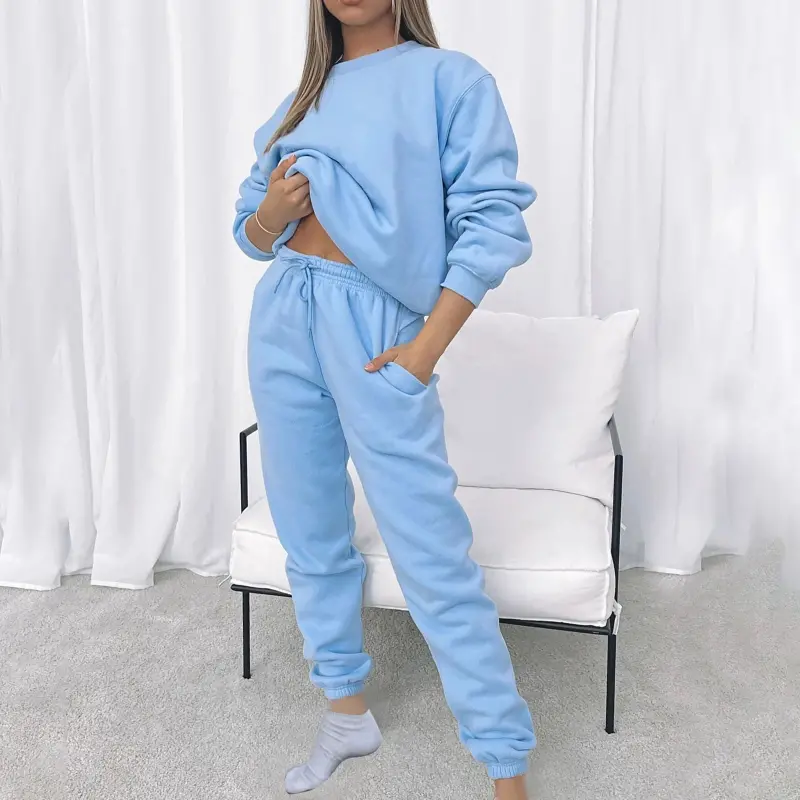 Dezsed Womens Sweatsuits Tracksuit Two Piece Outfits Casual Solid Color Jogging Sweat Suits Matching Jogger Pants Set Light Blue M- - 3