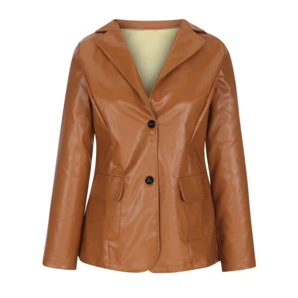 Dezsed Women's Faux Leather Blazer Jacket Clearance Women's Fashion Casual Lapel Collar Button Pocket Temperament Motorcycle Jacket Leather Jacket Coat Brown M - 3
