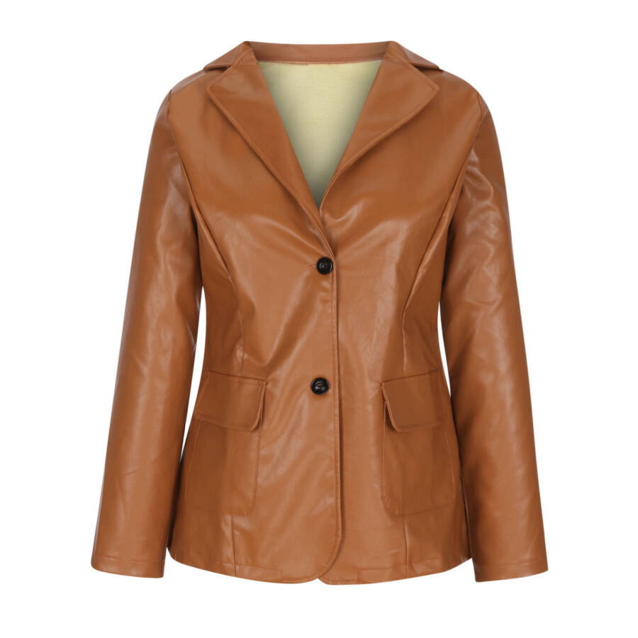 Dezsed Women's Faux Leather Blazer Jacket Clearance Women's Fashion Casual Lapel Collar Button Pocket Temperament Motorcycle Jacket Leather Jacket Coat Brown M - 3
